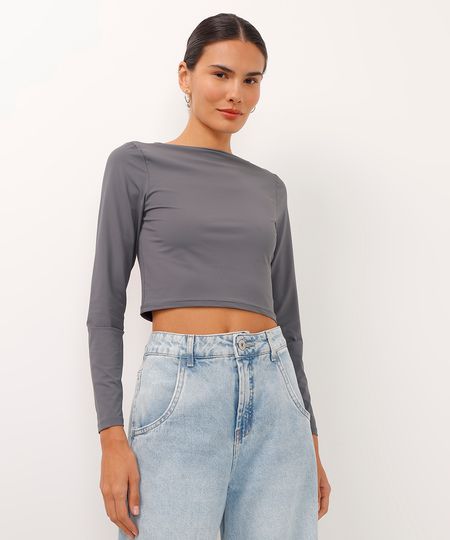 blusa cropped decote canoa manga longa cinza P