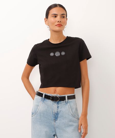 camiseta cropped de algodão floral preta PP