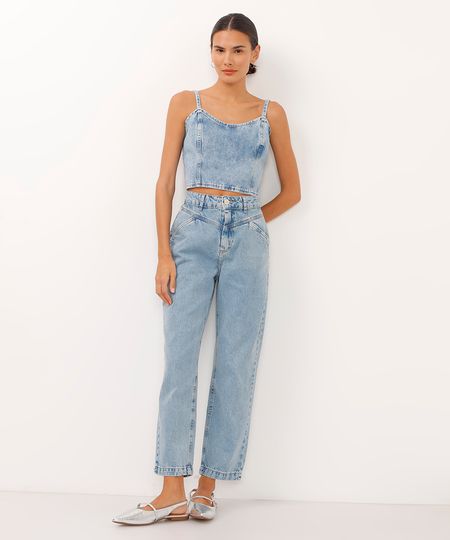 calça reta comfort jeans cintura super alta com recortes azul 34