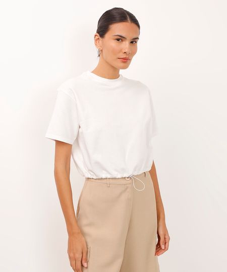 camiseta cropped de moletinho com elástico na barra off white PP