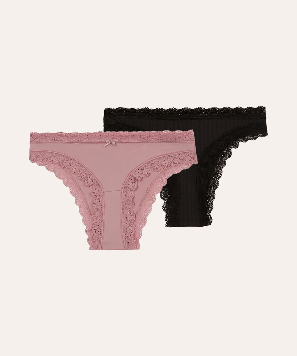 kit de 2 calcinhas biquíni com renda e textura colorido