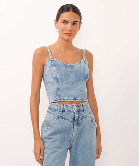 top cropped jeans decote coração alça fina com brilhos azul PP
