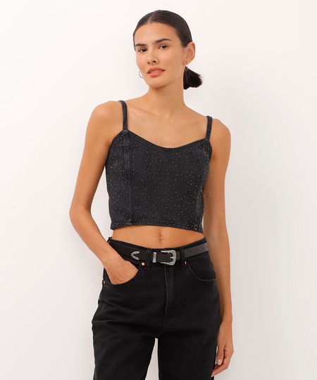 top cropped jeans decote coração alça fina com brilhos preto P