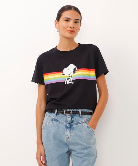 camiseta de algodão manga curta arco-íris snoopy preta M camiseta de algodão manga curta arco-íris snoopy preta M