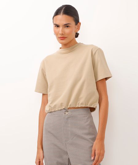 camiseta cropped de moletinho com elástico na barra bege PP camiseta cropped de moletinho com elástico na barra bege PP