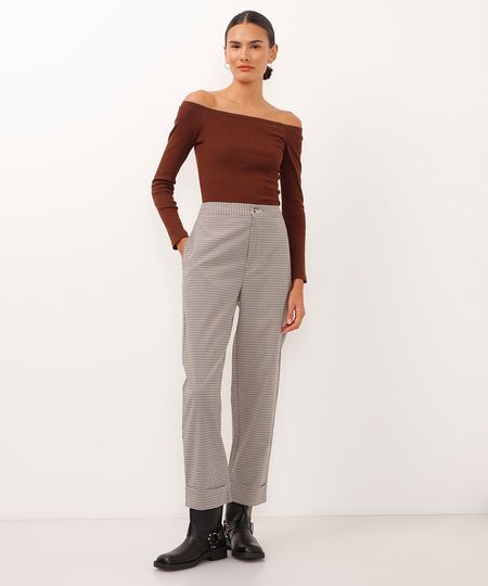 calça reta de alfaiataria xadrez com barra italiana bege 36 calça reta de alfaiataria xadrez com barra italiana bege 36