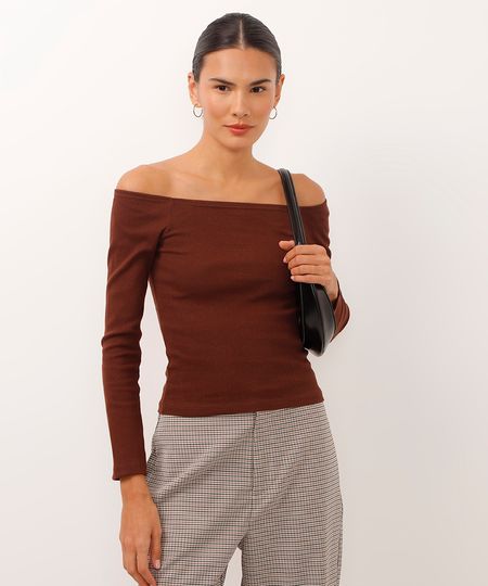 blusa cropped de algodão ombro a ombro marrom G blusa cropped de algodão ombro a ombro marrom G