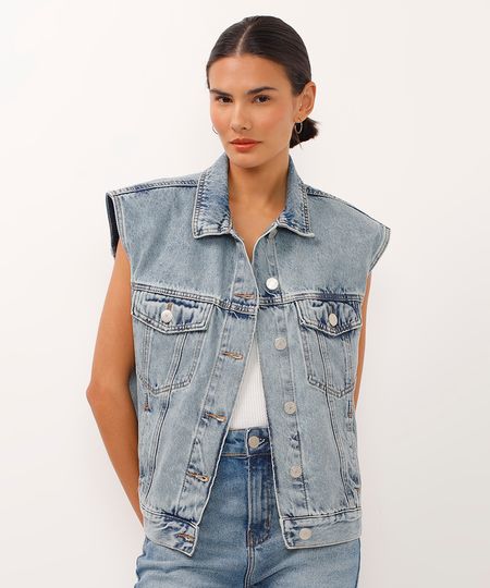 colete oversized jeans com ombreira azul M