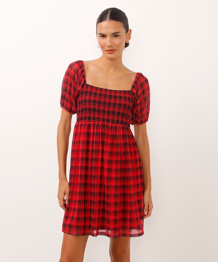 vestido curto de tule manga bufante xadrez vermelho G