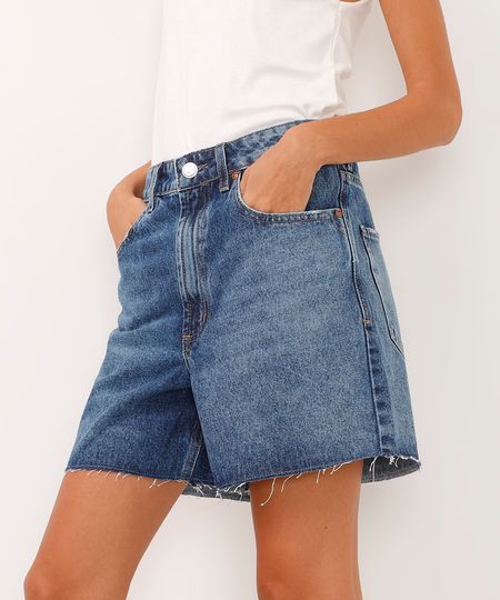 short midi jeans com barra corte à fio azul 34