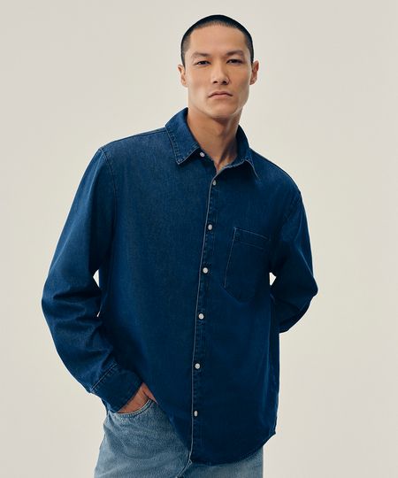 camisa jeans manga longa com bolso azul PP