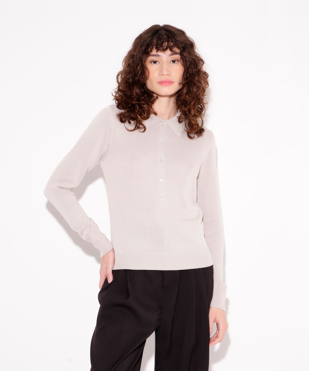 blusa de tricot gola polo mindset cinza claro