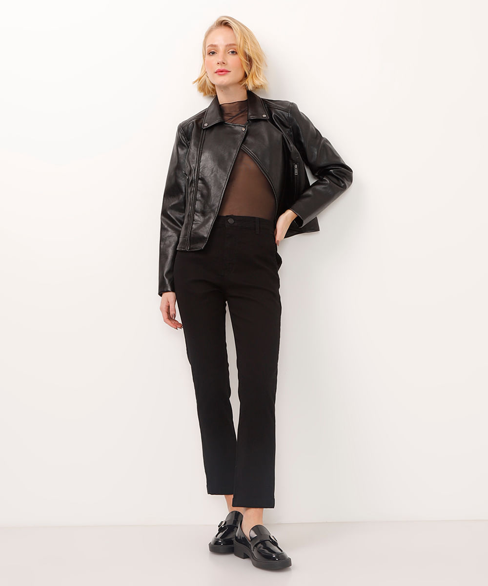 calça reta de sarja cintura alta sawary preta