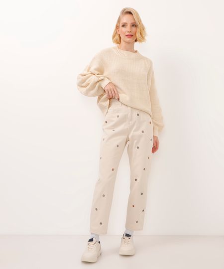 calça mom de sarja cintura super alta floral bege 40