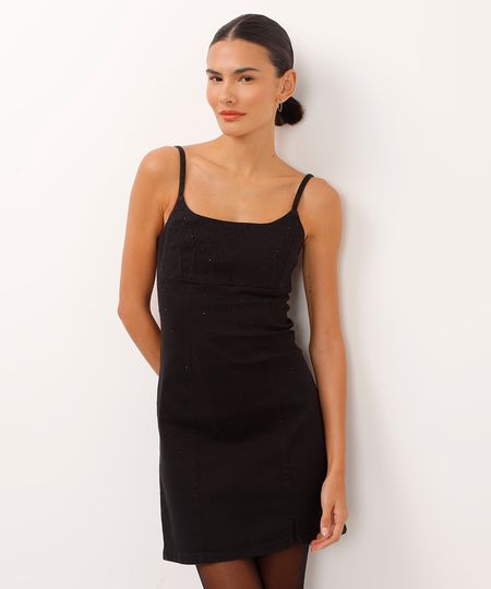 vestido curto de sarja alça fina com brilhos preto PP vestido curto de sarja alça fina com brilhos preto PP