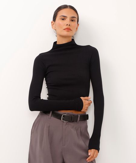 blusa gola alta manga longa texturizada preta G