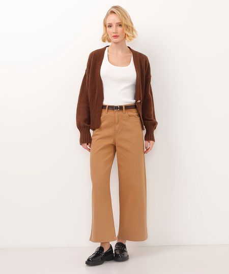 calça wide leg cropped de sarja cintura super alta com cinto bege 34