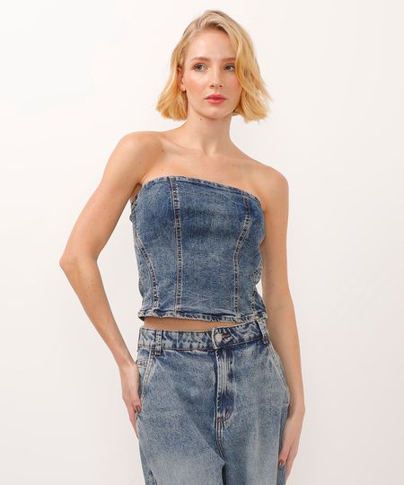 top cropped jeans sem alça com recortes azul PP