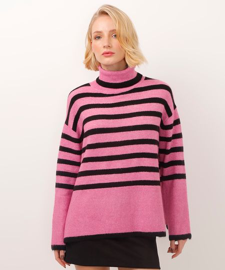 suéter de tricot listrado com fendas gola alta rosa P