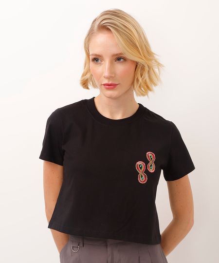 camiseta cropped de algodão com bordado e brilho élle de bernardini preta P camiseta cropped de algodão com bordado e brilho élle de bernardini preta P