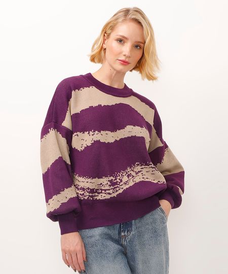 suéter de tricot manga longa listrada élle de bernardini roxo G
