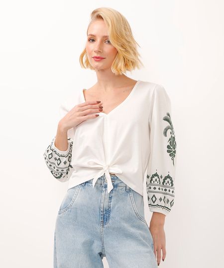 blusa bata de algodão manga bufante com arabesco off white P