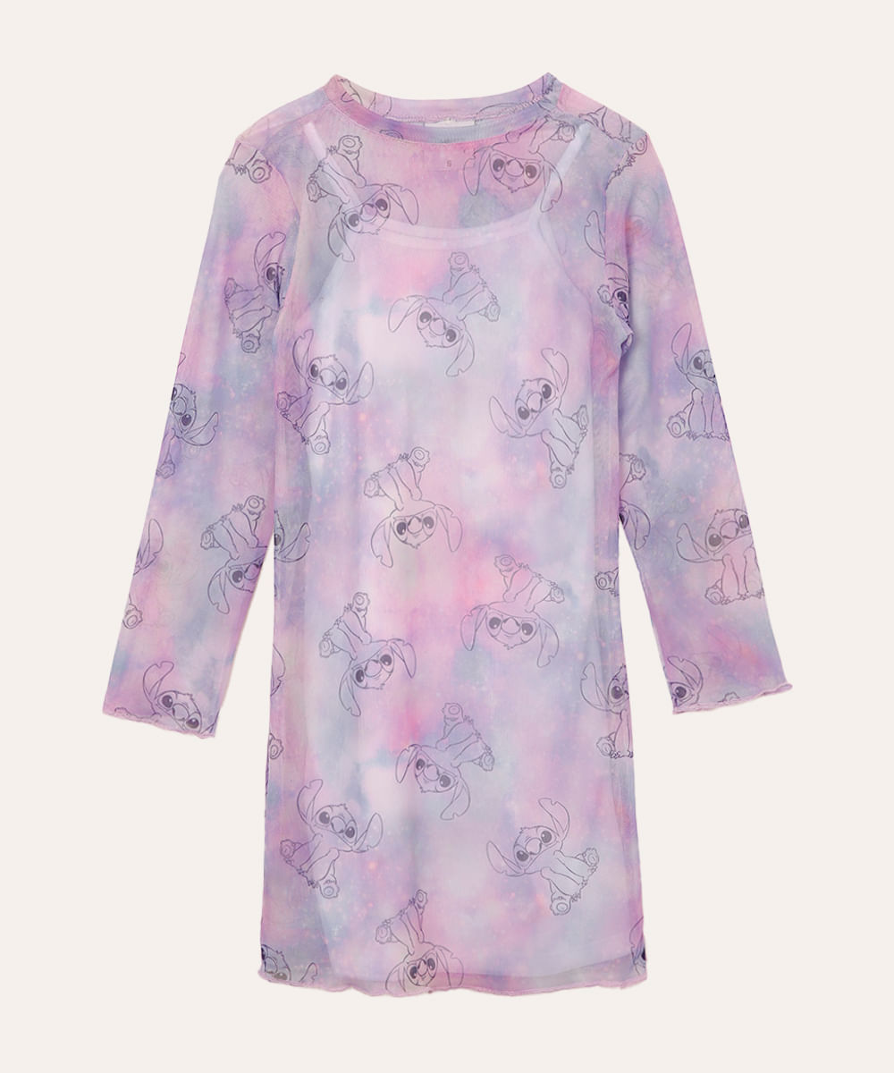 vestido de tule manga longa infantil tie dye stitch colorido