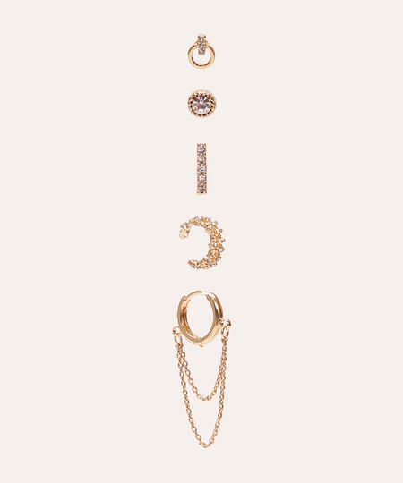 kit de 5 brincos earcuff com strass dourado UNICO