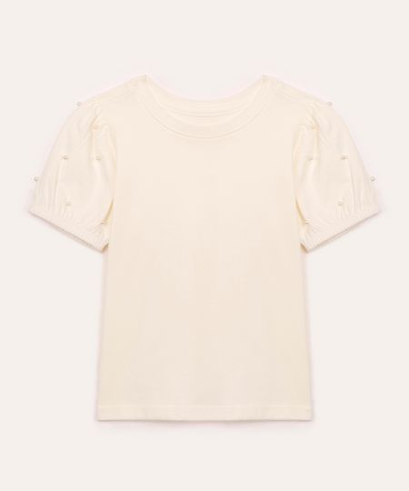 blusa de algodão infantil manga curta bufante com pérolas off white 4
