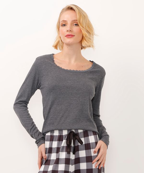 blusa de pijama manga longa com renda cinza P