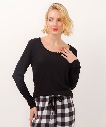 blusa de pijama manga longa com renda preta M blusa de pijama manga longa com renda preta M