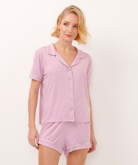 pijama americano de viscose curto com nervuras lilás M