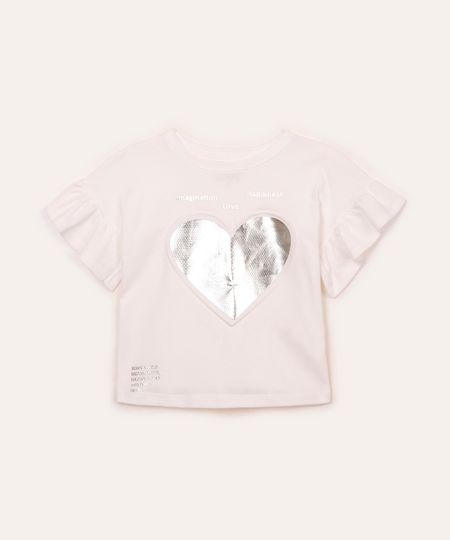 blusa de algodão infantil coração metalizado babado off white 4