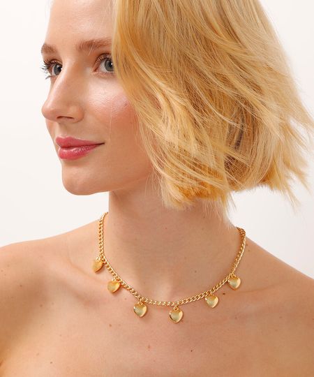 colar corrente com corações dourado UNICO