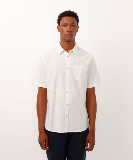 camisa comfort manga curta com linho listrada off white P