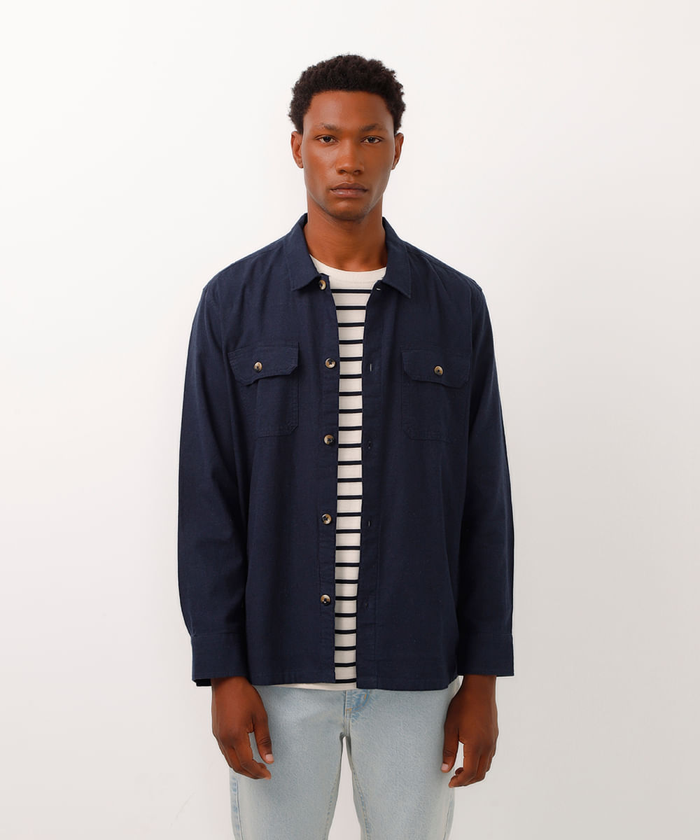camisa de linho manga longa bolsos de lapela azul marinho