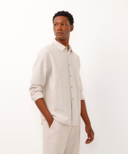 camisa de linho e algodão manga longa verde médio - bege claro P camisa de linho e algodão manga longa verde médio - bege claro P