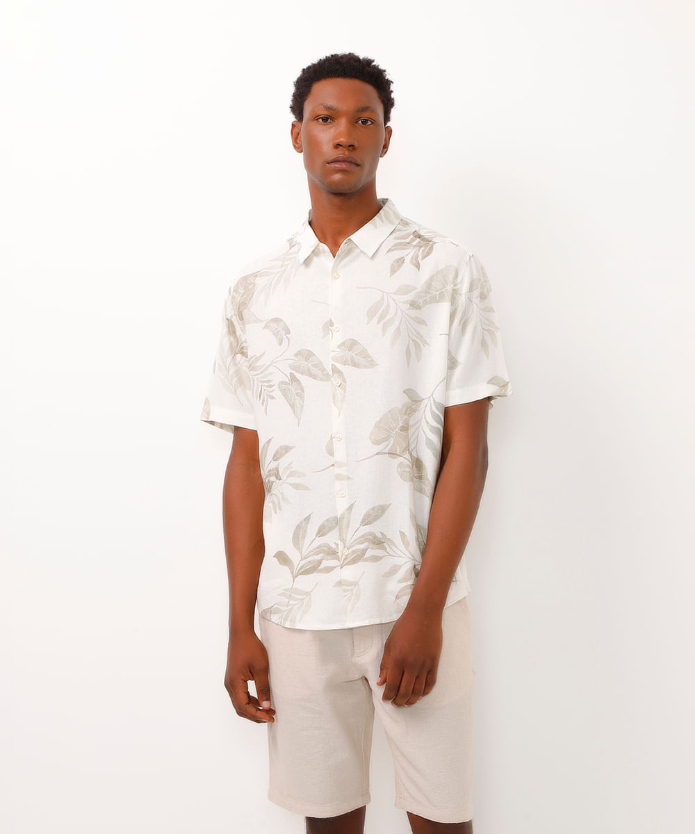 camisa comfort de linho folhagem branca