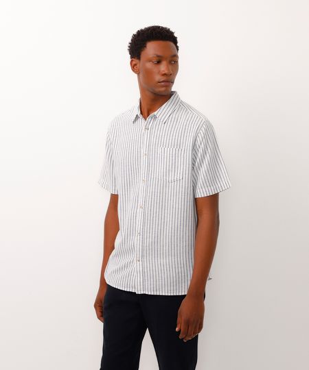 camisa listrada com linho manga curta azul G