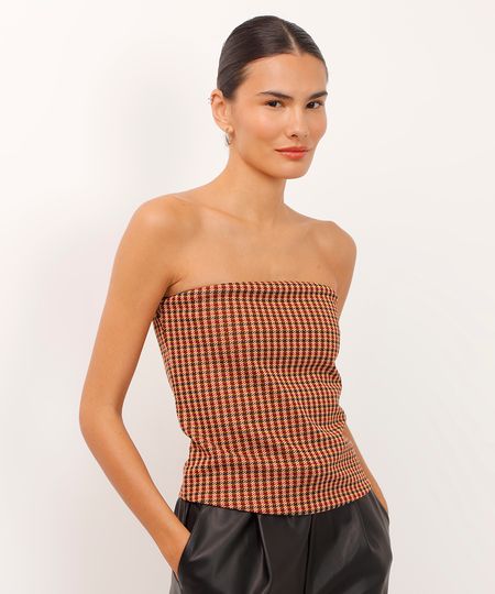 top cropped sem alça jacquard xadrez bege P top cropped sem alça jacquard xadrez bege P