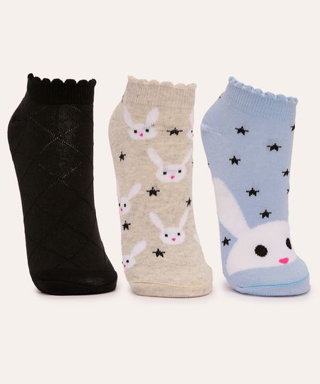 kit de 3 pares de meias cano baixo estrelas e coelho colorido 34-39