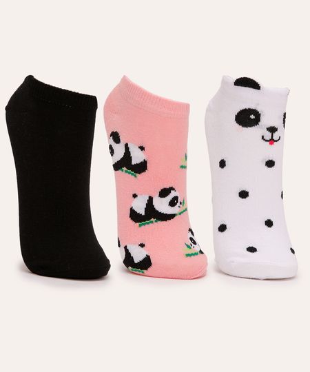kit de 3 pares de meias cano baixo panda colorido 34-39