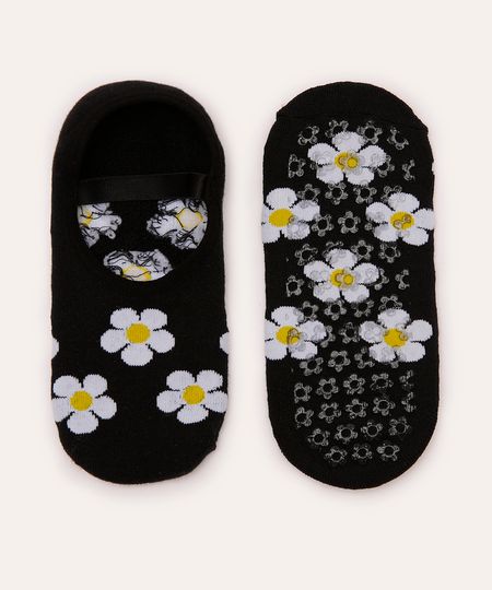 meia sapatilha floral antiderrapante preta 34-39