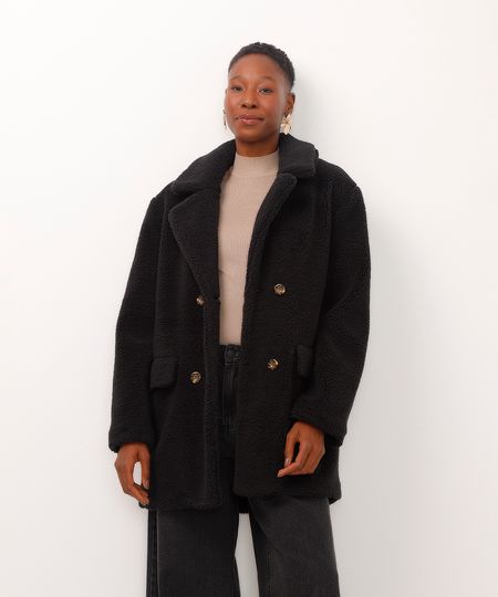 casaco alongado de pelúcia com bolsos preto PP casaco alongado de pelúcia com bolsos preto PP