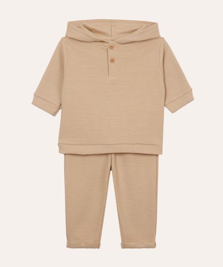 conjunto de moletom canelado com capuz bege 6-9