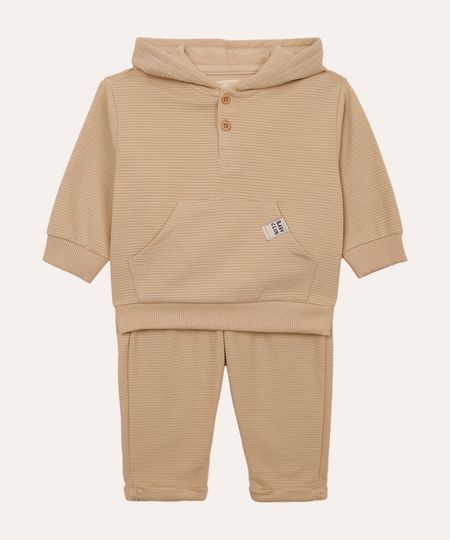 conjunto de moletom infantil canelado com capuz - areia 3