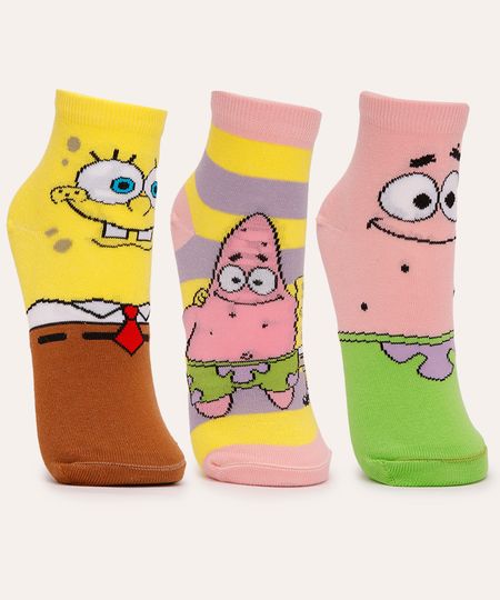 kit de 3 meias cano médio bob esponja colorido 34-39