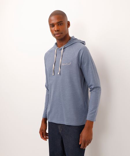 camiseta de algodão com capuz manga longa azul P