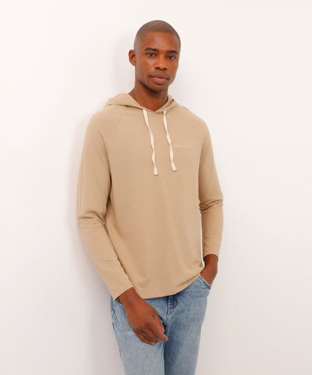 camiseta de algodão com capuz manga longa bege P