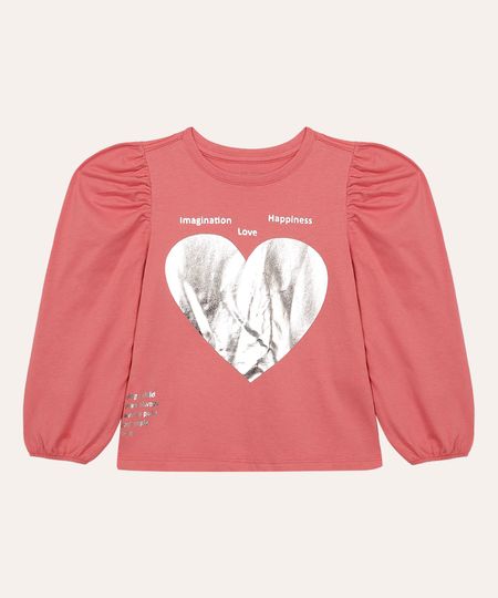 blusa de algodão infantil coração metalizado rosa 10 blusa de algodão infantil coração metalizado rosa 10